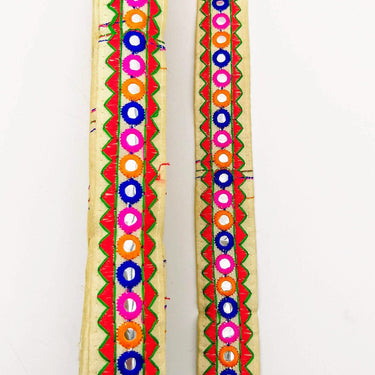Beige And Red Indian Mirror Trim Kutch Embroidered Navratri Garba Dress Trim Bridal Lace, Sari Border 30 mm Wide Trim Per 3 Yards